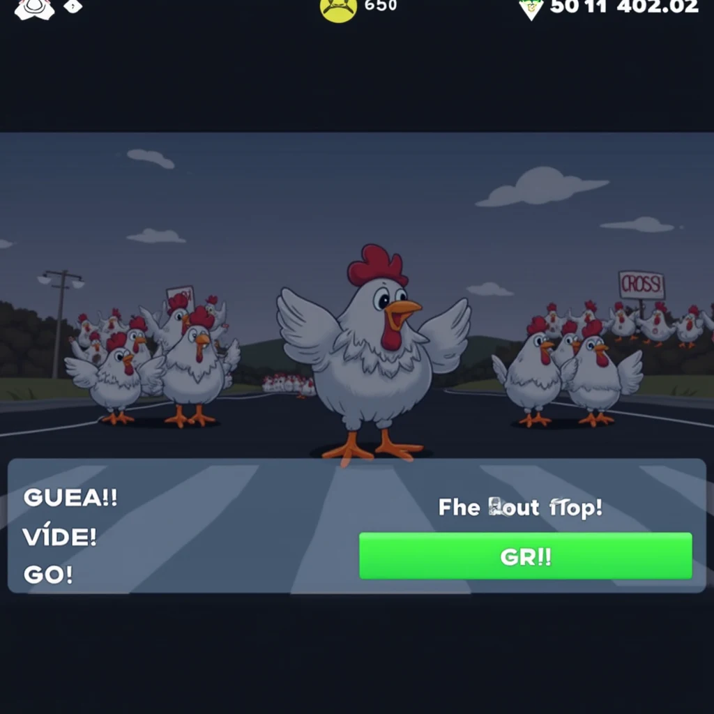 Gallina cruzando la carretera con grupo animado de apoyo y carteles GO